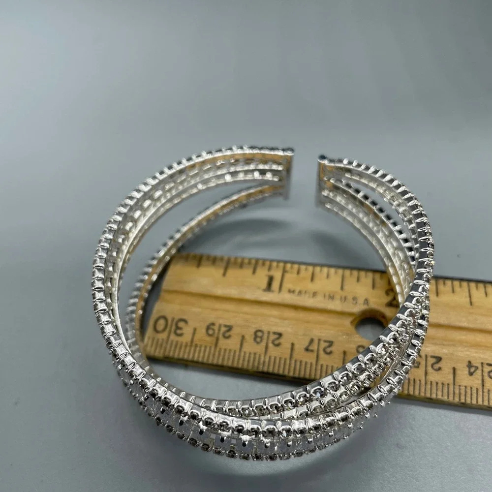 Silver Tone Multi Row Crystal Cuff Bracelet Baguette Round Rhinestone Statement
